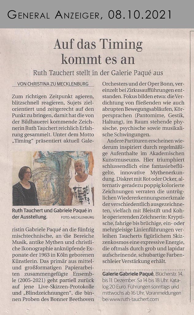 Presseartikel des General Anzeigers zur Ausstellungseröffnung von Ruth Tauchert in 2021