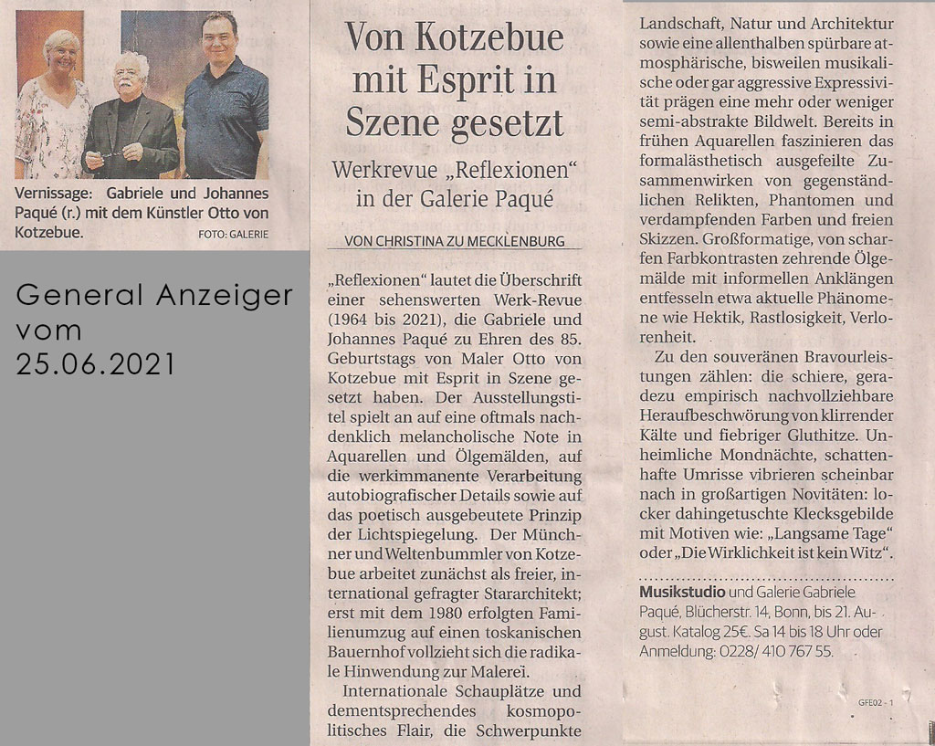 Presseartikel des General Anzeigers zur Ausstellungseröffnung von Otto von Kotzebue in 2021